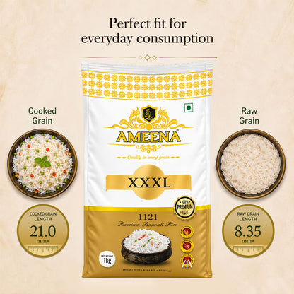 AMEENA XXXL Premium Basmati Rice 1121 Extra Long Grain Expands 25MM after cooking Suitable for Finest Pulav Rice