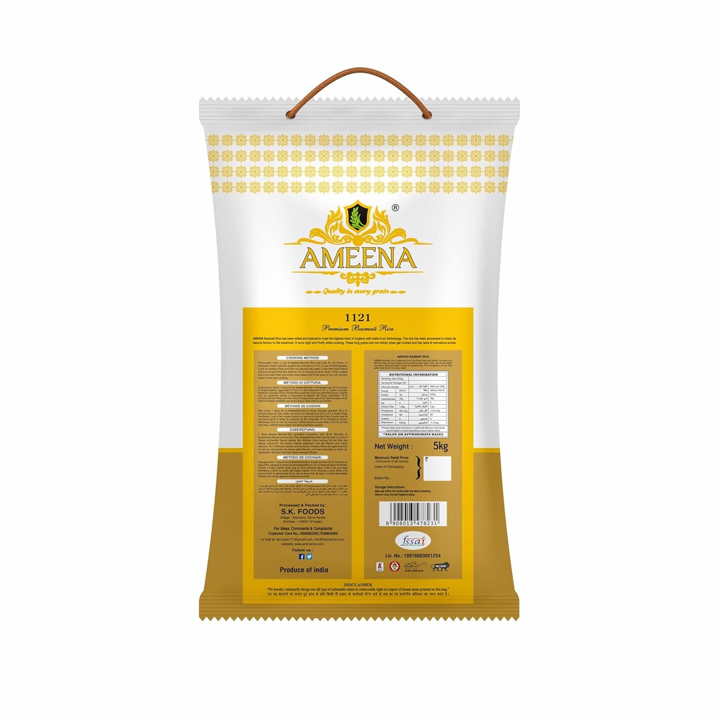 AMEENA XXXL Premium Basmati Rice 1121 Extra Long Grain Expands 25MM after cooking Suitable for Finest Pulav Rice